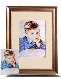Embroidered portrait of a boy next to the original photo